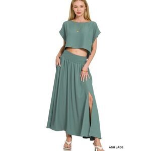 Zenana Heavy Woven Span Crop Tee & Skirt Set Ash Jade Small NEW